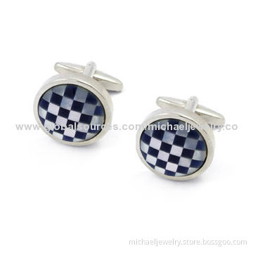 Brass Cufflinks with Blue Opals & Mop and Plating White Steel (Nickel-Free)